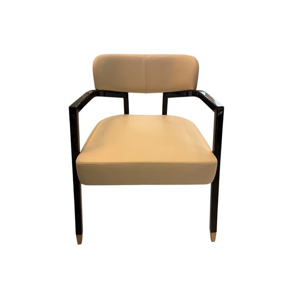 New - Turri - Set of 2 Designer Madison Dining Chairs Glossy Lacquered Wood Leather Seat Gold Metal 