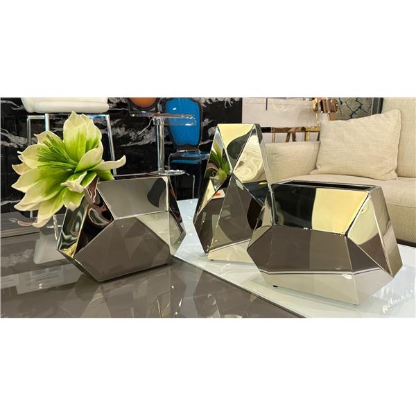 3pc Assorted Geometric Chrome Vases - new floor model