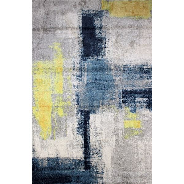 New - Abstract Blue Yellow Grey Nylon Area Rug - approx. 90in x 63in - MSRP $2,280 - new floor model