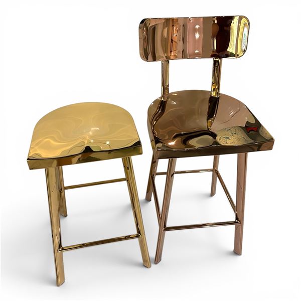 New Pair of Bohemian Gold Stool and Rose Gold Chair - RV: $2800 - ARK Interiors Floor Model