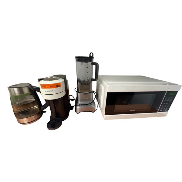 5pc assorted appliances - Cuisinart Kettle, Nespresso pod machine, Breville blender, RCA microwave o