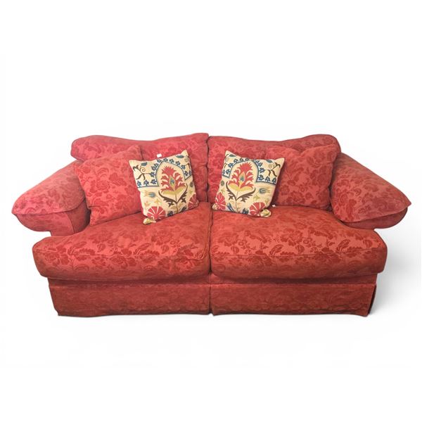 Red Floral Damask Sofa with Accent Pillows