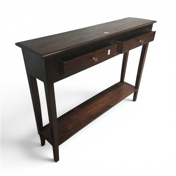 Dark Walnut 2-Drawer Console Table - RV: $495, H33" W44" x D10" - Cornor chipped