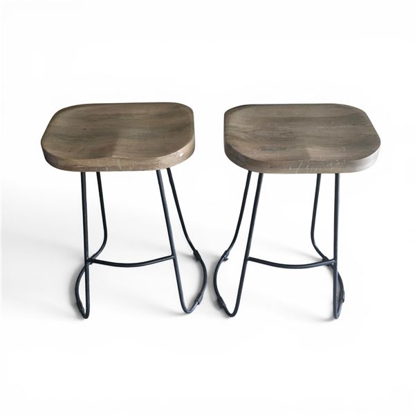 2-Pcs Wooden Stools with Metal Legs
