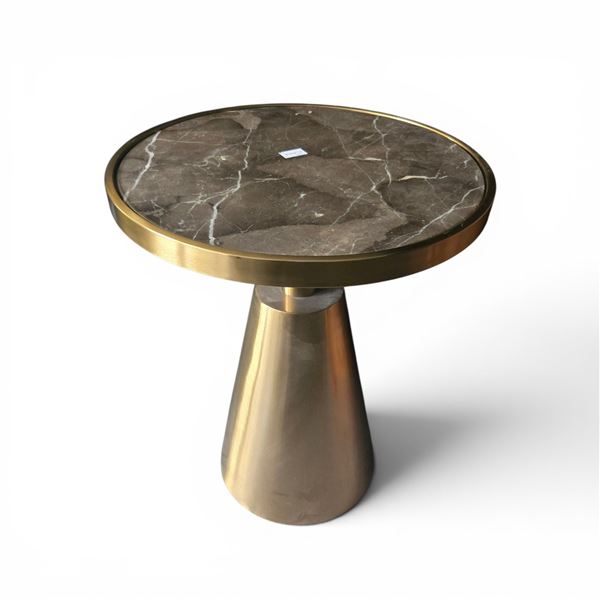 Marble-Style and Brass End Table, H22" x Dia. 17"