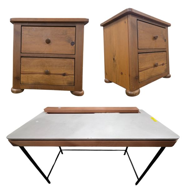 Group Lot of Study table (47"W 233.5"D 30"H) and 2 Nightstands (24"W 17.5"D 23"H)