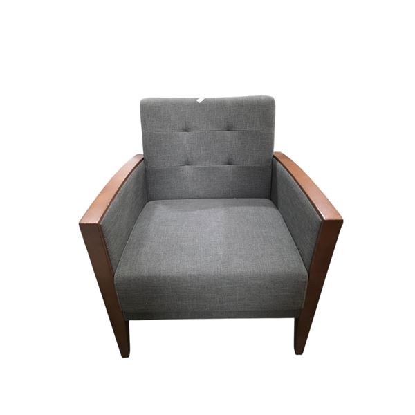 Mid-Century Modern Style Armchair with Wooden Arms - Grey Fabric