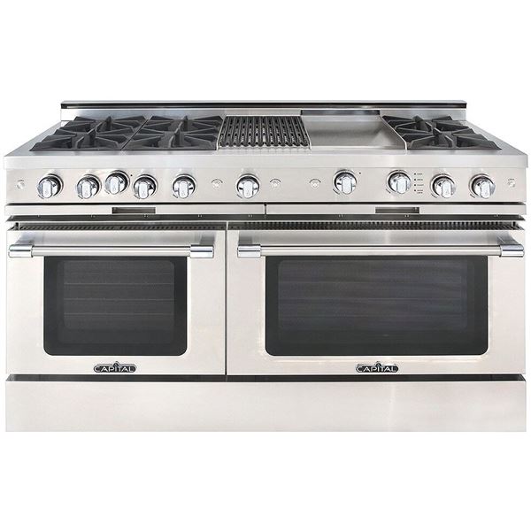 New - Capital 60" Range, All LP Gas 6 Open Burners, Self Clean, 24" Griddle + Charbroiler approx. 27