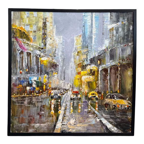 Framed Impressionist Cityscape Oil Painting: Rainy Street Scene - 41" x 41"