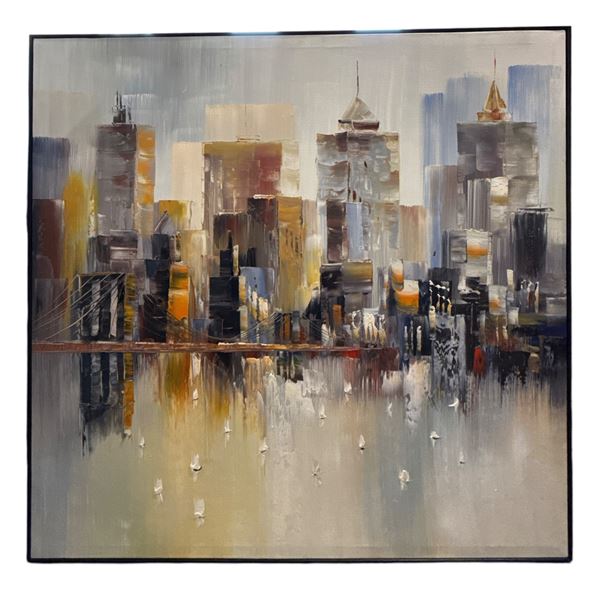Framed Abstract Cityscape Oil Painting with Waterfront Reflection - 40" x 40"