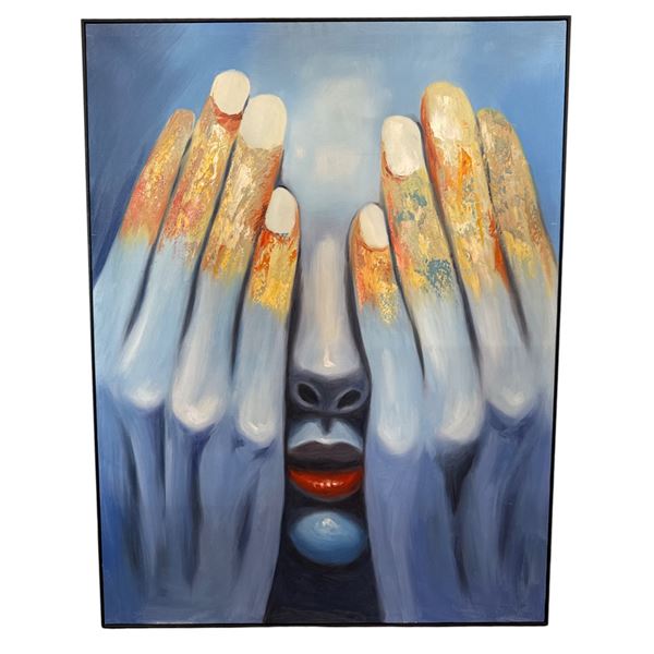 Framed Expressionist Portrait Painting: Face Covered by Hands - 36" x 48"