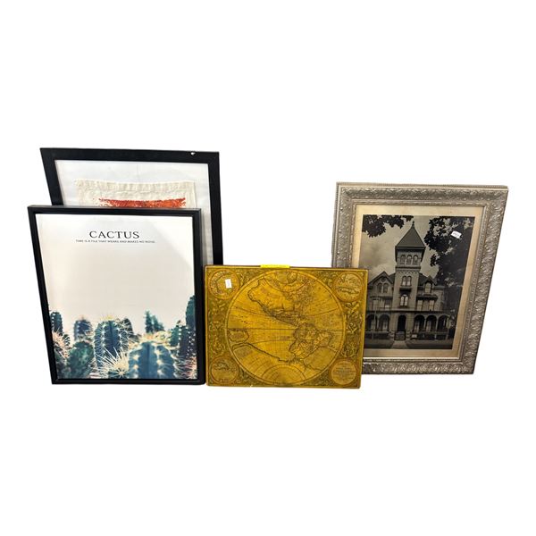 8-Piece Wall Art Lot: Framed "Cactus" Quote Print, Decorative Vintage Map Plaque, Victorian-Style Bu