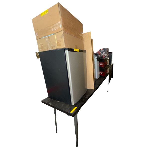 Group Lot - Includes: Dark Wood Dining Table (79x23.5x29), 2 Garbage bins, 2 Touren Rims, Glasses an
