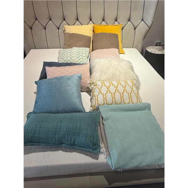 Group of assorted cushions & throw blankets - MSRP $500 for all