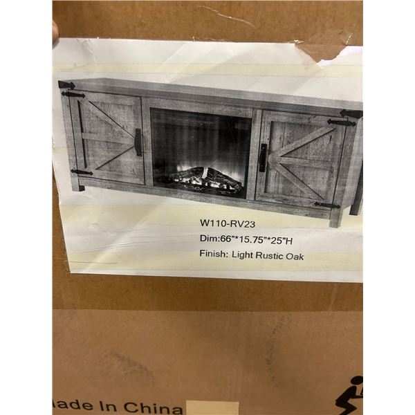 New Farmhouse Collection 66" Barndoor Fireplace with 23" insert light rustic oak.