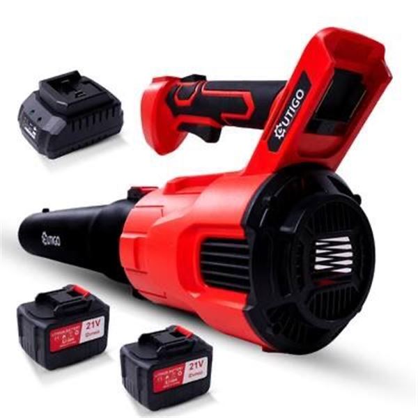 OUTIGO 21V Cordless Leaf Blower (Model JBCF001) - 150MPH, 450CFM - Red, Includes 2 x 4.5 Ah Batterie