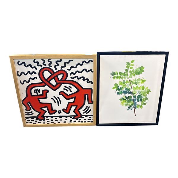 Two-Piece Wall Art Set: Keith Haring-Style Pop Art and Botanical Foliage Print - 22" x 26", 25" x 25