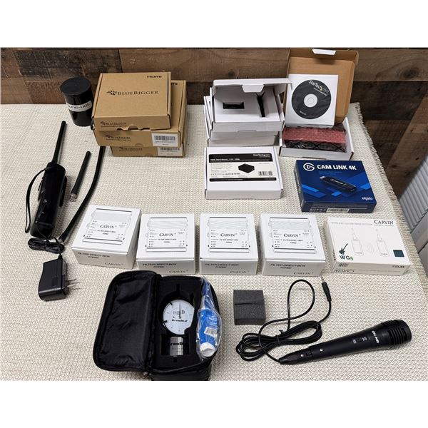 Multiple Carvin WG5 Wireless Guitar/Bass Systems & Direct Boxes, Elgato Cam Link 4K, Signal Boosters