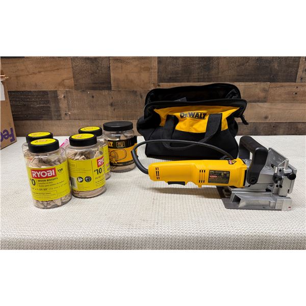 DeWalt DW682 Plate Joiner, Multiple Ryobi Wood Biscuits, Gloves, etc in DeWalt Bag