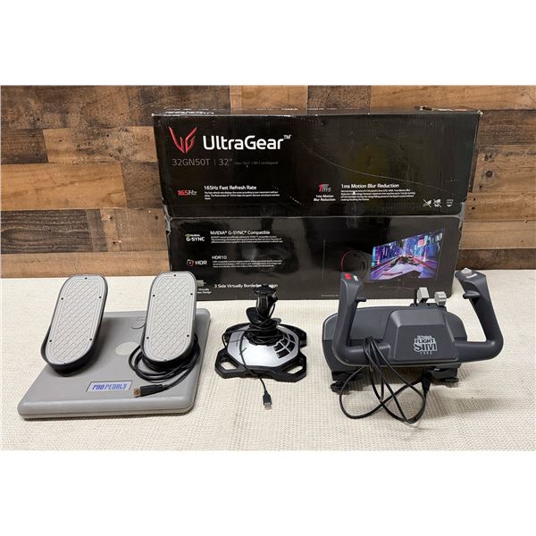 CH Products Flight Sim Yoke, Joystick, Pro Pedals, LG UltraGear 32GN50T Gaming Monitor, etc
