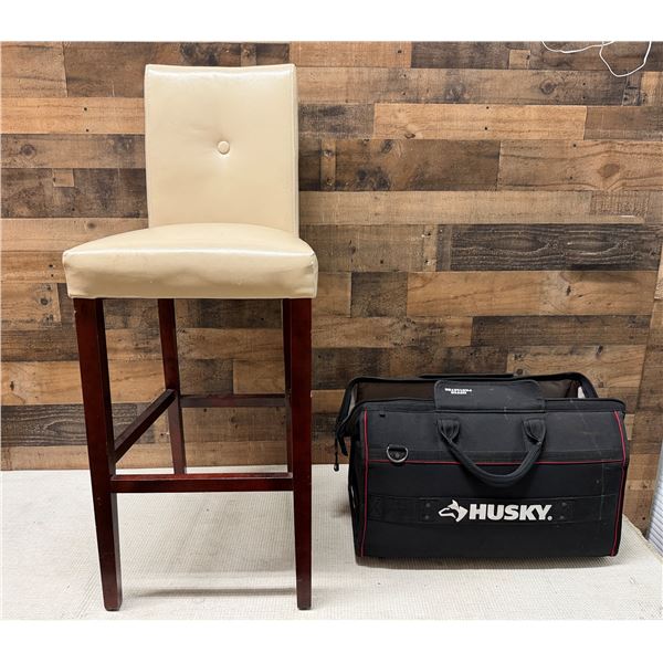 Wooden Stool w/ Upholstered Back & Seat 18" x 17" x 46"H w/ Husky Bag