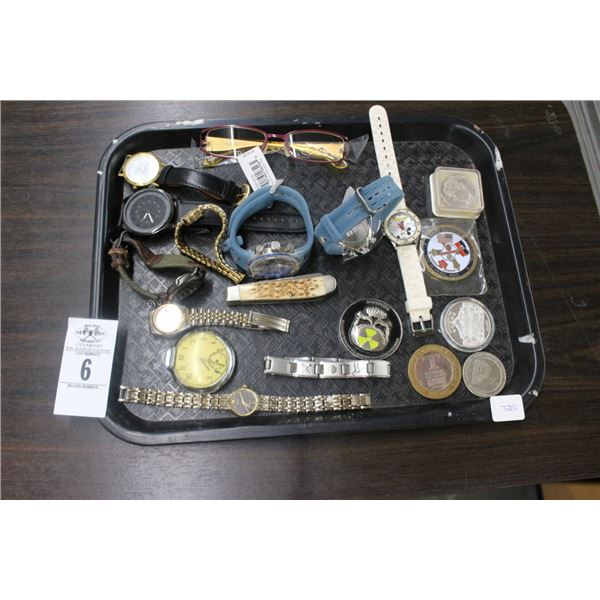Asst. Watches Mickey Mouse, Rolex ? (Not Authenticated), Pocket Knife, Collector Coins