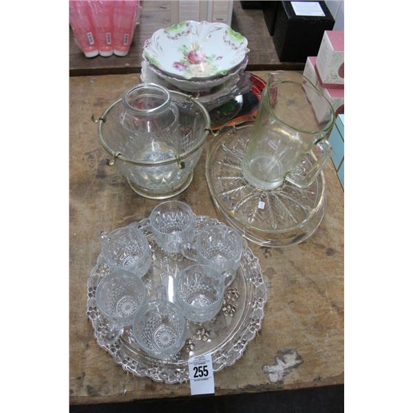 Ornate Floral Serving Trays, Bowls, Crystal Cups, Pitcher, Divided Dish