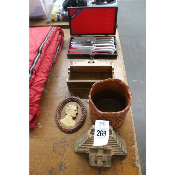 Clay Vase, Lincoln Memorabilia, Knife Set, Wall Hanger