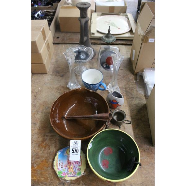Asst. Bowls, Candlesticks, Jar, Old Press