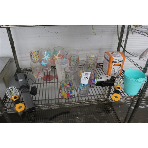 Asst. Tumblers, Drop Lights, Heat Lamp, Buckets