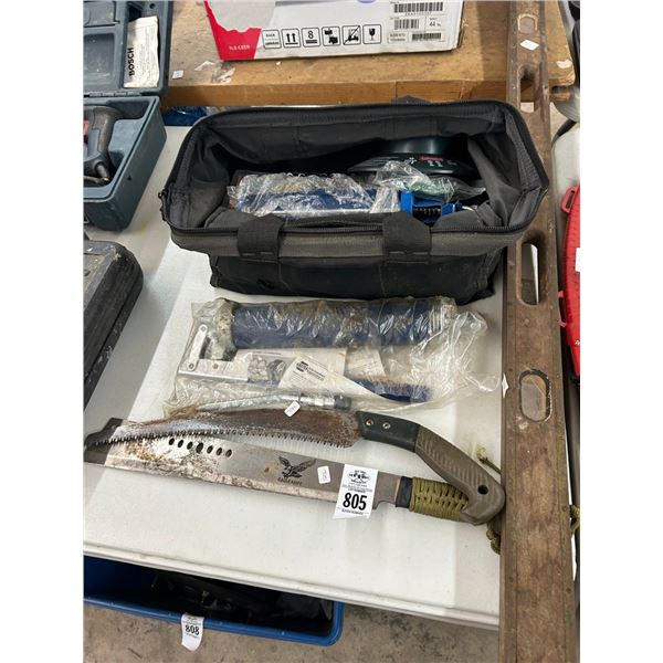 Machete, Tree Pruner, Grease Gun, Vintage Level, Tool Bag w/Hardware