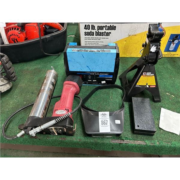 Battery Charger, Cordless Grease Gun Magnifier Mask, Jack Stand, Weights