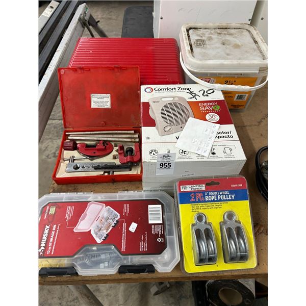 Pipe Cutter Kit, Parts Bin, Rope Pulley, Fan, Drywall Screws