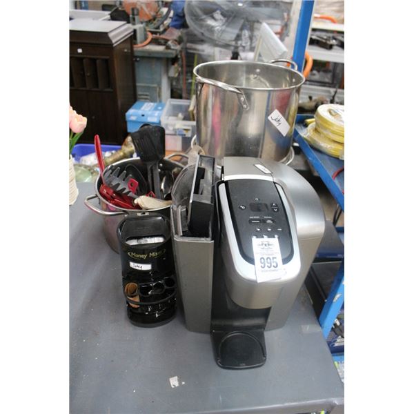 Keurig Coffee Maker, Stock Pots, Utensils