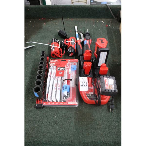 Milwaukee Cordless Batteries/Charger, Sawzall Bits, Impact Sockets