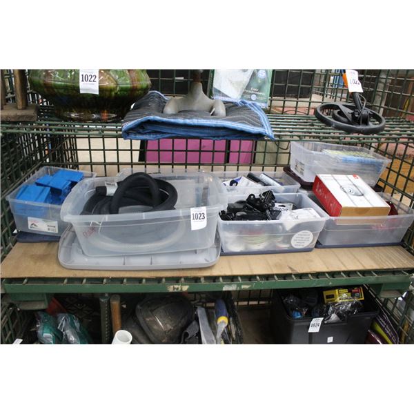 Asst. Bins 7 w/Batteries, Hose, Trailer Lights, Supplies