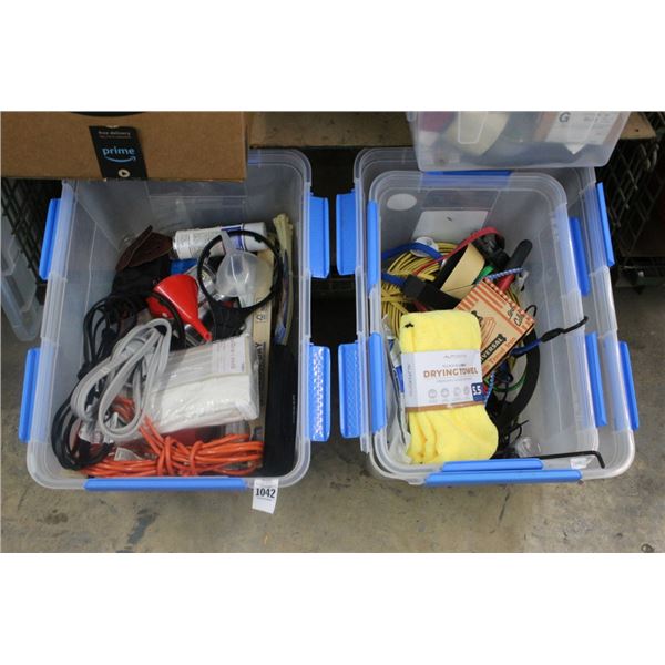 Bins 2 w/Romex Wire, Ext. Cord, Cable Ties, Asst. Tools/Hardware
