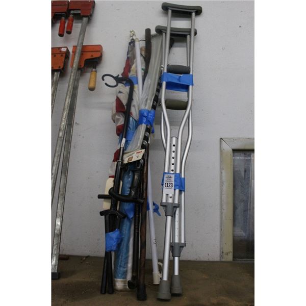 Crutches, Canes, Walking Sticks, Guitar Stand, US Flag