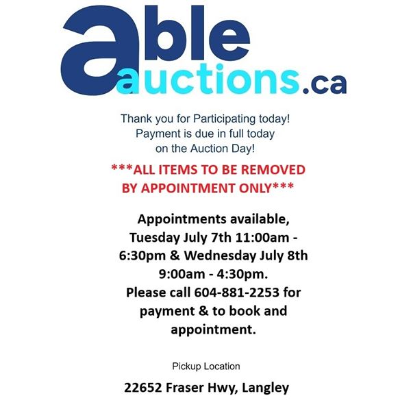All items must be removed by Tue Jul 7 11-6:30 & Wed Jul 8 9-4:30 by appointment