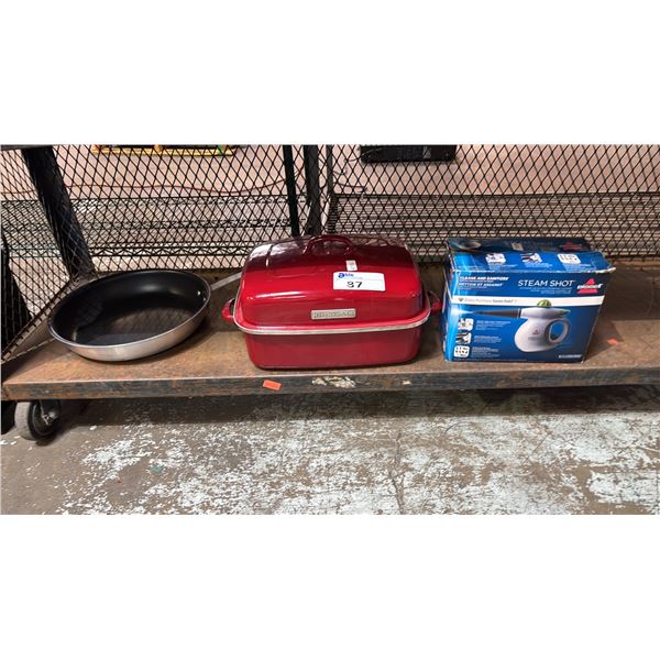 KITCHENAID ROASTING PAN W/LID, NON STICK SAUTE PAN & BISSEL STEAM SHOT HAND HELD CLEANER/SANITIZER