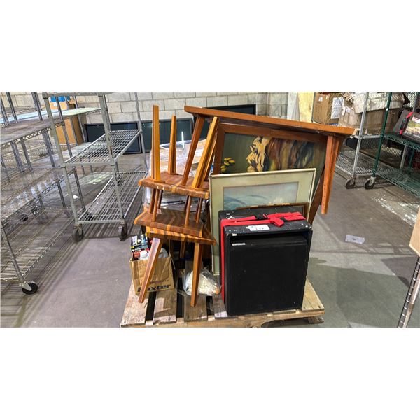 PALLET OF ASSORTED FURNITURE, WALL ART, SPEAKERS & MORE *MUST TAKE ALL ON PALLET*