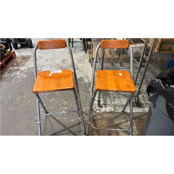 PAIR OF METAL FRAMED FOLDING WOOD STOOLS