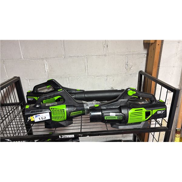 (3) GREENWORKS PRO LEAF BLOWERS *NO BATTERIES/NO CHARGERS/WORKING CONDITION UNKNOWN/MAY BE MISSING