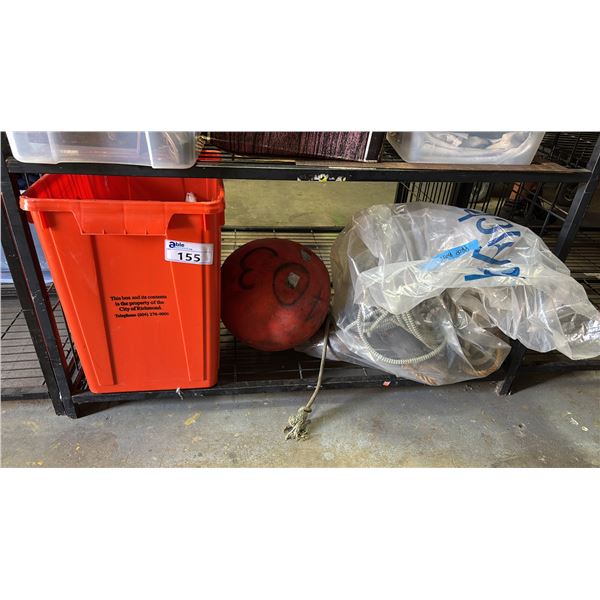 VINTAGE BUOY, BAG OF ROPE & TOTE OF ROPE, BOAT PLANS, SAW & MORE