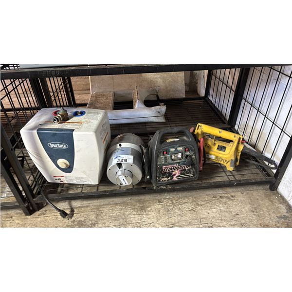 SHELF OF ASSORTED ITEMS INCLUDING; SPACE SAVER WATER HEATER, MOTOMASTER ELIMINATOR POWER BOOSTER,