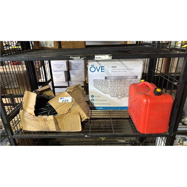 SHELF OF ASSORTED ITEMS INCLUDING; 3-PRONG FLAT PLUG POWER CORDS, FUEL CAN & OVE MIA LED FLUSH