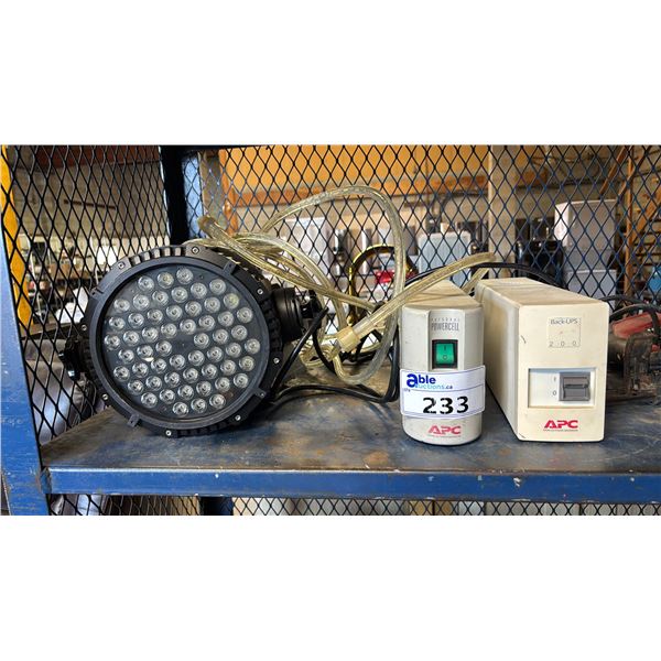 SPOT LIGHT, OUTDOOR LIGHT TUBS & (2) APC POWER BACKUPS