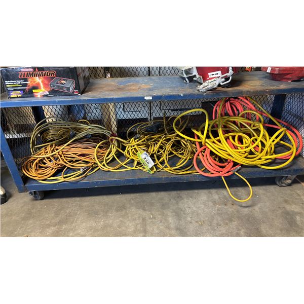 SHELF OF ASSORTED EXTENSION CORDS & AIR HOSE