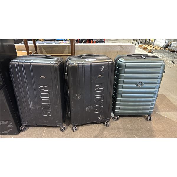 (3) ASSORTED HARD SHELL PORTABLE LUGGAGE INCLUDING; ROOTS & DELSEY (MAY BE DAMAGED, NO COMBINATIONS)