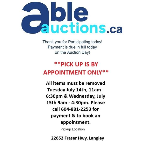 *Pick up is by appointment only. Tue July 14th 11am - 6:30pm & Wed July 15th 9am - 4:30 pm*
